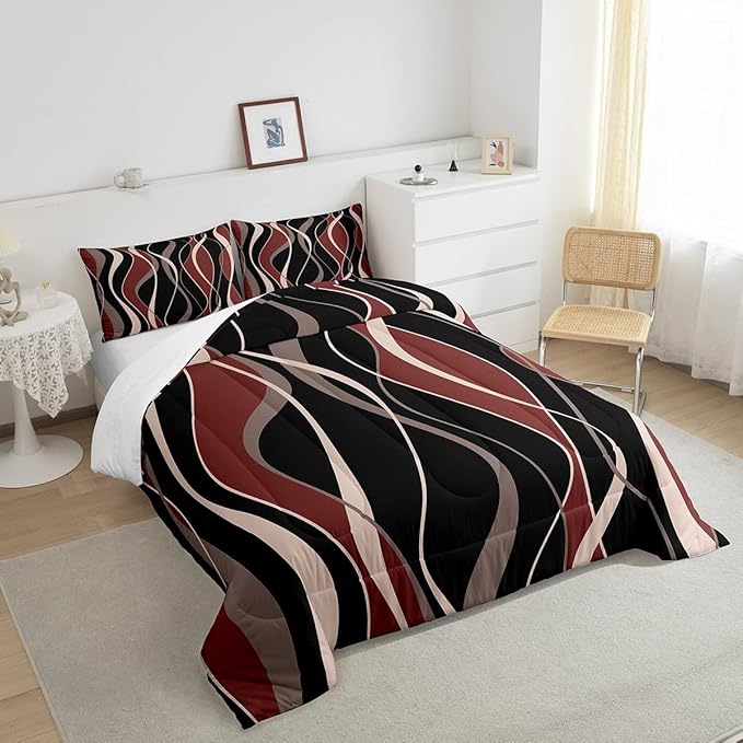 Erosebridal Geometric Comforter Set Queen Modern Bedding Set, Abstract Artwork Bedding Comforter Sets Striped Duvet, Black Red Pink Brown Quilted Comforter 3 Pieces with 2 Pillowcases