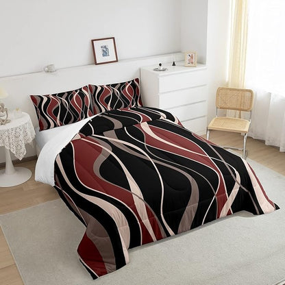 Erosebridal Geometric Comforter Set Queen Modern Bedding Set, Abstract Artwork Bedding Comforter Sets Striped Duvet, Black Red Pink Brown Quilted Comforter 3 Pieces with 2 Pillowcases