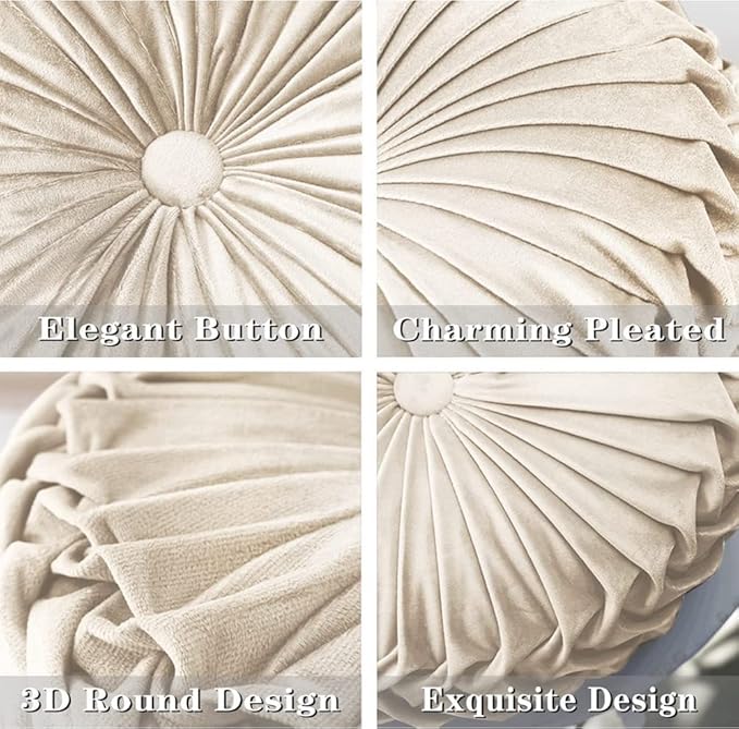 NatureMan 13.7 inch Round Sofa Cushion Pure Color Velvet Home Decor, Pleated Round Cushion, Pumpkin Pillow Suitable for Home Bed car Decoration (Creamy-White)