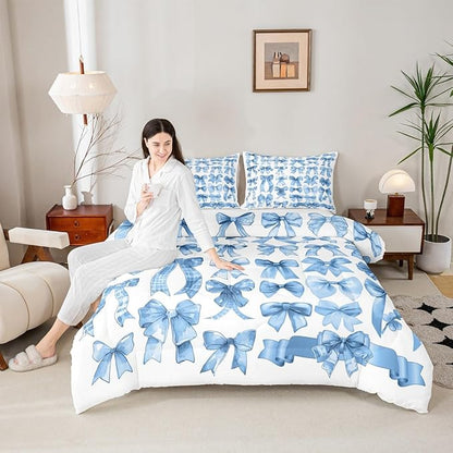Castle Fairy Cute Bow Comforter Set Queen Size,Blue Bow Bedding Set 3Pcs for Kids Teens Adults Room Decor,Bows Grid Duvet Insert Fashion Preppy Quilted Duvet Sets,2 Pillowcases