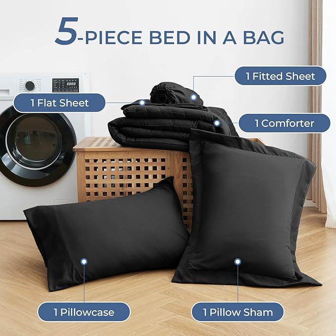 Sasttie Twin XL Comforter Set Black, 5 Pieces Twin XL Bed in a Bag, Complete Bedding Set Includes Comforter, Flat Sheet, Fitted Sheet, Pillowcase and Pillow Sham, Black