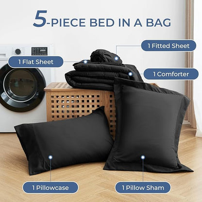 Sasttie Twin XL Comforter Set Black, 5 Pieces Twin XL Bed in a Bag, Complete Bedding Set Includes Comforter, Flat Sheet, Fitted Sheet, Pillowcase and Pillow Sham, Black