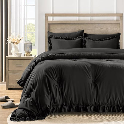 QUIETSEA Full Bed in a Bag 7 Pieces Full Size Comforter Set, Ruffle Shabby Chic Bedding Comforter Set Black Bed Set with Comforter, Pillowcases, Flat Sheet, Fitted Sheet and Pillow Shams
