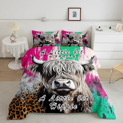 Erosebridal Highland Cow Bedding Set Leopard Print Down Comforter for Boys Teens,Hippie Bull Cattle Comforter Set Wildlife Farmhouse Cow Duvet Filler,Western Funny Animal Room Decor Queen Size