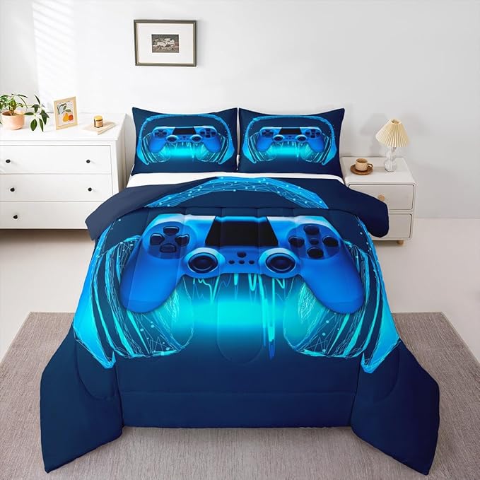 Gamer Comforter Set King Size,Blue Headphones Musical Design Games Gamepad Bedding Set for Kids Boys Video Game Room Decor Retro Playing Gamer Down Comforter Gaming Controller Quilted Duvet Set