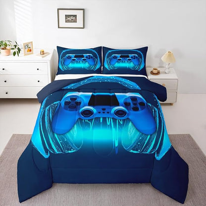 Gamer Comforter Set King Size,Blue Headphones Musical Design Games Gamepad Bedding Set for Kids Boys Video Game Room Decor Retro Playing Gamer Down Comforter Gaming Controller Quilted Duvet Set
