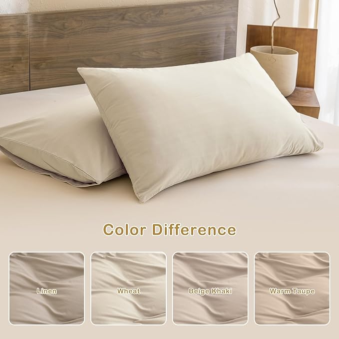 Sanracie Queen Size Comforter Set, Washed Cotton Linen Feel Bedding Comforter Sets 3 Pieces(1 Solid Wheat Colored Comforter +2 Pillowcases) Soft Lightweight Aesthetic Bedding Sets Queen All Season