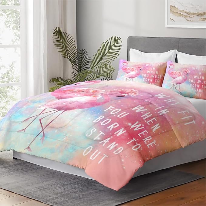 Twin Size Comforter Set with Pillowcase, Pink Summer Flamingo Flower 2 Pcs Bedding for Kids and Adults, Rainbow Colorful Animal Soft Comforter Set for Bedroom Bed Decor