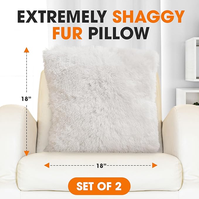 Cheer Collection Throw Pillows for Couch and Bed, Soft Shaggy Throw Pillows with Inserts Included, Cozy Long Hair Faux Fur Pillows - Set of 2-20" x 20" - White