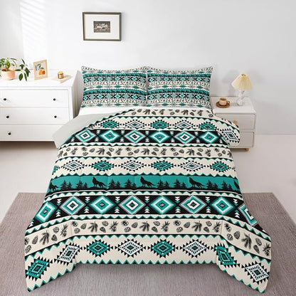 Aztec Geometric Kids Bedding Set King Size,Southwest Tribal Ethnic Comforter Set，Wolf Rustic Cabin Quilt Comforter,Beige Retro Bedroom Duvet Insert,2 Pillowcases
