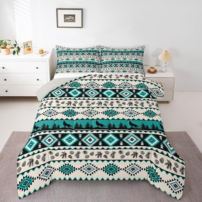 Manfei Aztec Geometric Girls Bedding Set Twin Size, Southwest Tribal Ethnic Comforter Set，Wolf Rustic Cabin Quilt Comforter for Boys Teens,Beige Retro Room Decor All Season,1 Pillowcase