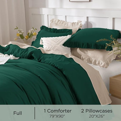 Andency Dark Emerald Green Comforter Set Full, 3 Pieces Ruffle Bedding Set, Vintage Farmhouse Comforter Set, Ruffled Bed Comforter, Lightweight and Soft Bedding Comforter for All Seasons
