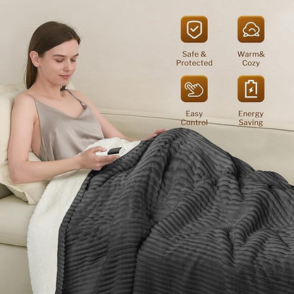 Reaks Electric Heated Blanket Twin, Silky Soft Flannel & Sherpa Twin Electric Blanket with 9 Heat Levels & 2-10 Hours Auto Off, Warm Gifts for Women Mom Grandma, ETL Certified (62x84 inches, Grey)