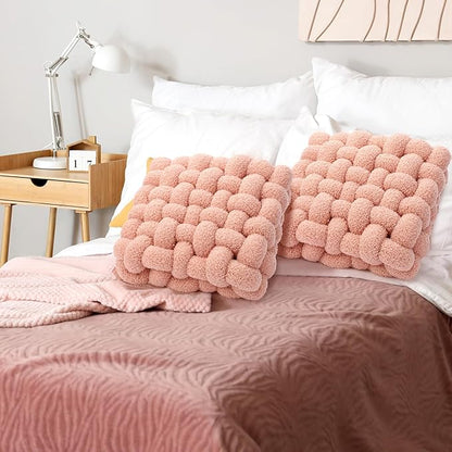 Wenqik 2 Pcs Knot Pillows Square Knotted Plush Throws Soft Accent Pillows Decoration Cushion for Couch Home Office Living Room Bedroom Bed Sofa Decor, 12'' x 13''(Pink,Lambswool)