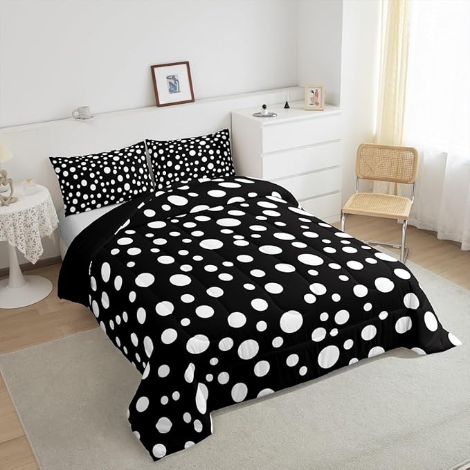 Manfei White Polka Dots Comforter Set Full Size,French Style Cute Dots Print Bedding Set 3 Pcs for Teens Young,Geometric Circles Black White Simple Comforter,2 Pillowcases