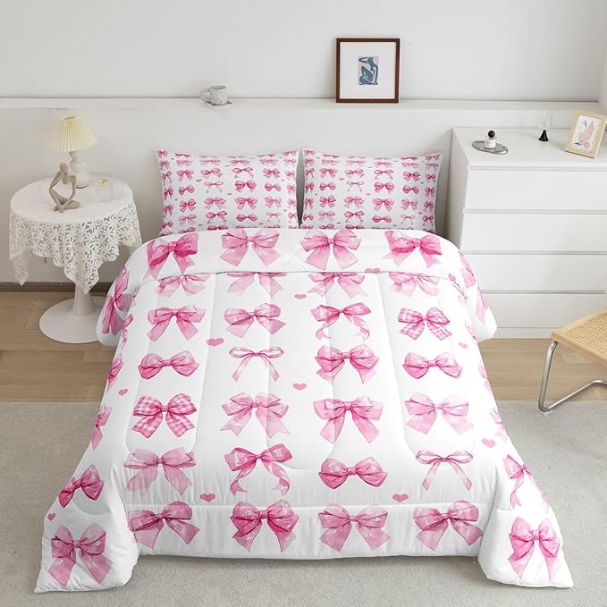 Castle Fairy Bow Comforter Set Queen Size Coquette Room Decor | Girl Bedding Sets Pink Bowknot Decor for Kids Teens Pink Watercolor Quilted Duvet Bed in a Bag 2 Pillowcase