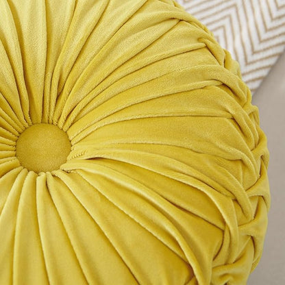 Round Throw Pillow Velvet Home Decoration Soft Pleated Pumpkin Round Floor Cushion for Couch Chair Bed Car Decorative(Yellow14inch)