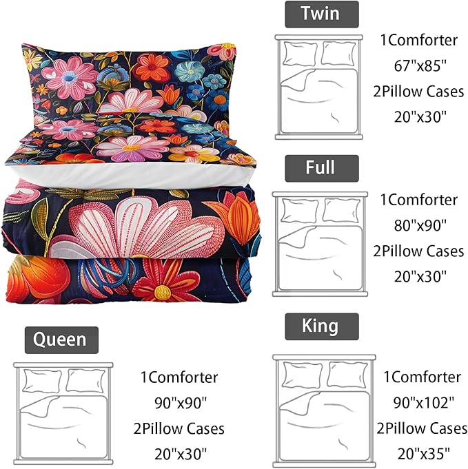 Colorful Flower Comforter Set Twin Size 3 PCS Bed in a Bag,Cute Floral Bedding Set for Girls Teens,Ultra Soft Microfiber Comforter Bed Set with 3-Pieces, Floral Bedroom Decor with Pillowcases