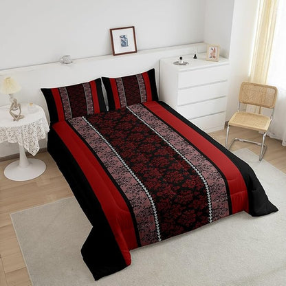 jejeloiu Adult Classic Jacquard Bedding Set King Size Damask Pattern Comforter Set for Boys Girls Black Red Stripe Duvet Set Baroque Quilt Set 3Pcs