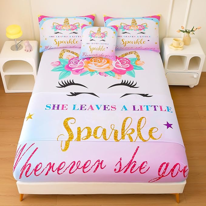 6 Pieces Unicorn Comforter Sets,3D Pink Blue Unicorn Flower Pattern,Decorative 6 Piece Bedding Sets with Comforter,Flat Sheet,Fitted Sheet,Throw Pillow Cover,Pillow Shams,Queen Size