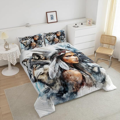 Erosebridal Indian Woman and Wolf Twin Comforter Set,Hunting Wolf Bedding Set for Kids Boys Girls Room Decor,Wild Animal Safari Bed Set Exotic Boho Bedding Comforter Sets,1 Pillowcase
