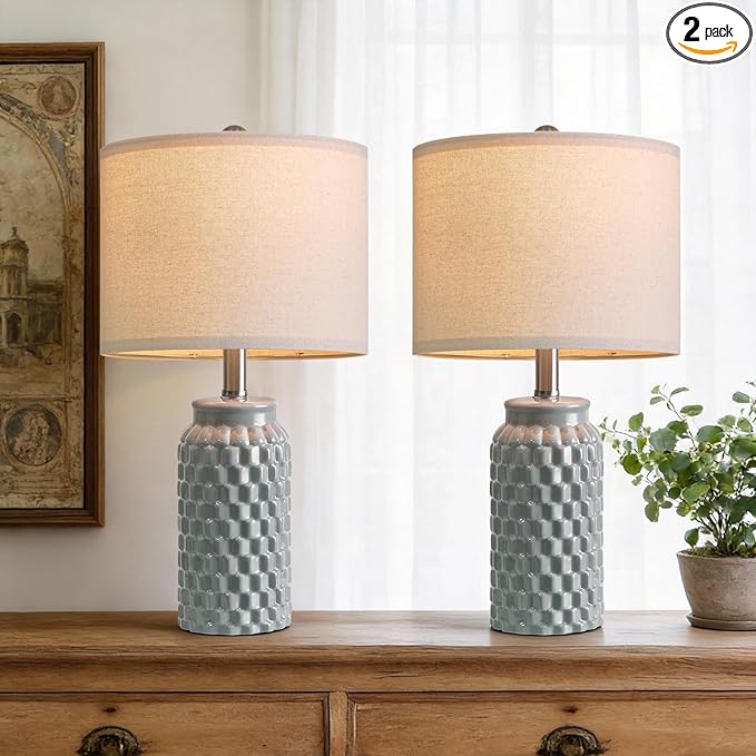 20.5" Ceramic Table Lamps Set of 2, Modern Farmhouse Boho Bedside Lamps for Bedroom, Nightstand Lamps for Living Room End Tables, Small Desk Lamps, Grey
