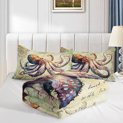 Retro Octopus Comforter Set Queen Size 3Pcs Nautical Coastal Compass Bedding Set Starfish Jellyfish Seaweed Quilt Bed Set for Boys Girls with 1 Comforter and 2 Pillowcases