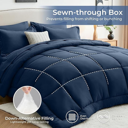Sasttie King Size Comforter Set, 7 Pieces Bed in a Bag King, Complete Bedding Set Includes Comforter, Flat Sheet, Fitted Sheet, Pillowcases and Pillow Shams, Navy