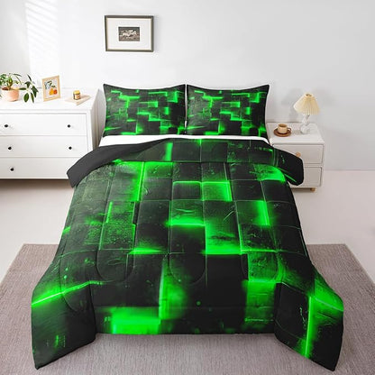 Erosebridal Black and Green Comforter Set King Modern Abstract King Bedding, 3D Glowing Plaid Bedding Comforter Sets Gradient Grid Duvet, Neon Square Quilted Comforter 3 Piece (Black Reversible)