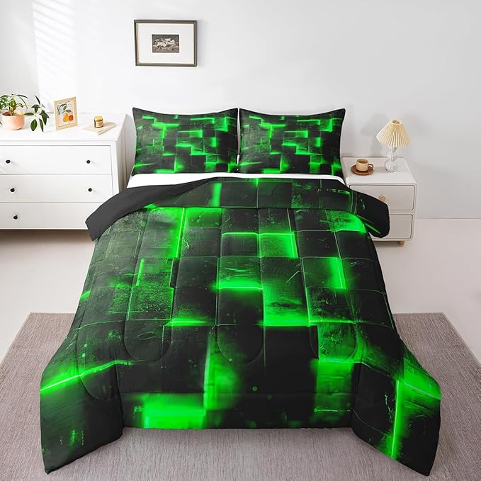 Green Black Bedding Queen 3D Glowing Buffalo Queen Comforter Set Modern Abstract Art Bedding Comforter Sets Geometric Plaid Duvet Insert, Gradient Futuristic Cubes Down Comforter (Black Reversible)