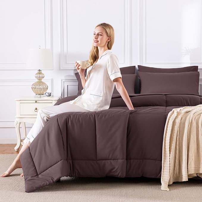 CozyLux Full Size Comforter Set Cocoa Powder, 7 Pieces Bed in a Bag, Cocoa Powder Comforter Full Size, All Season Bedding Sets with Stitch Quilted Comforter, Flat Sheet, Fitted Sheet, Pillowcases
