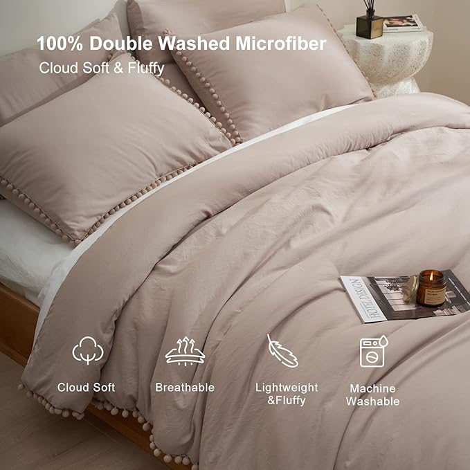MUKKA King Comforter Set 5-Piece Comforter Set King Size Khaki, Boho Pom Pom Fringe Comforter Set King Size Tan, Bedding Comforter Set Taupe with 2 Pillowcases,2 Pillowshams
