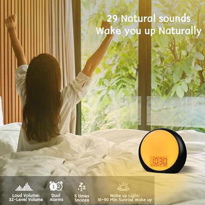 Sunrise Alarm Clock Wake Up Light for Kids Heavy Sleepers Bedroom with Sunrise Sunset Simulation Sleep Aid Dual Alarms Snooze Nightlight Brown Noise sound machine with 25 Nature sounds for Sleeping