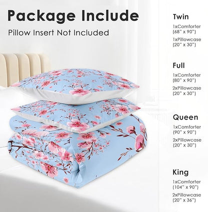 Comforter Set Twin Size, Cherry Floral Flower 2 Pcs Soft Bedding Set for Kids and Adults, Summer Vintage Tree Comforter Set with Pillowcase, for Bedroom Bed Decor