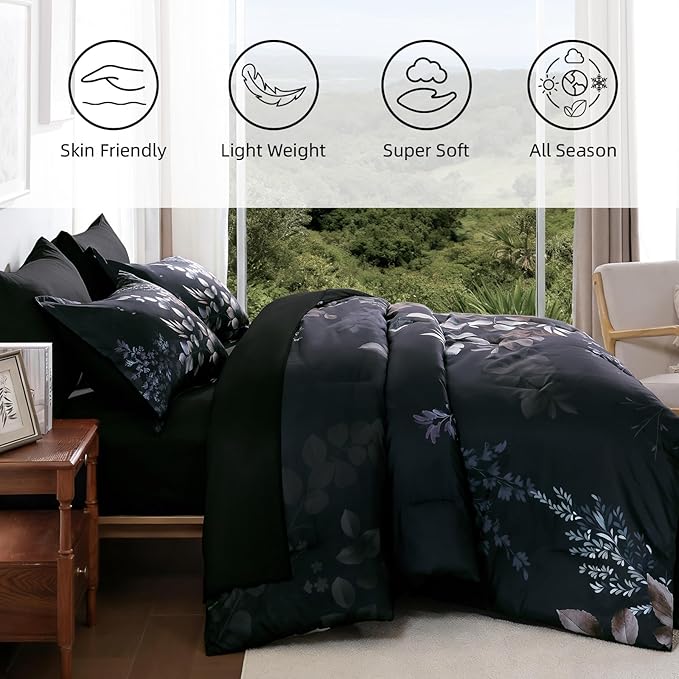 Xruibed Black Comforter Set Queen Size 7 Pieces Bed in a Bag, Botanical Floral Print Bed Sets, Elegant Flower Comforter with Sheet Set, Soft Microfiber Bedding Set for All Season (Black, 90"x90")