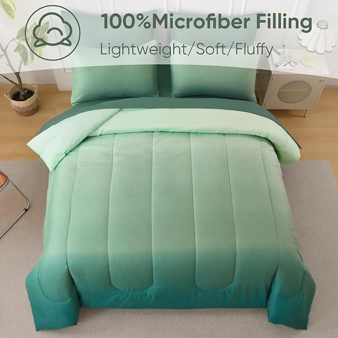 Queen Comforter Set Gradient Green - Bed in a Bag Queen Size 7 Pieces, Luxury Soft Bed Set for All Seasons, Bedding Set with Down Alternative Comforter, Sheets, Pillowcases & Shams