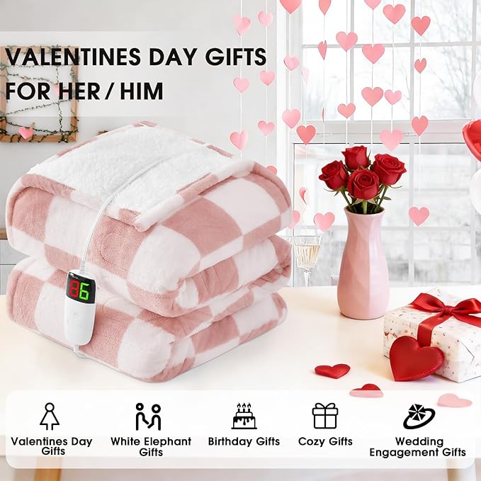 Light Pink Heated Blanket Electric Throw, 50X60 Heating Blanket with 10 Heat Levels & 8 Hours Auto Off for Lap, Checkered Plaid Soft Sherpa Blankets Warmer Gifts for Couch Grandma Women Adults