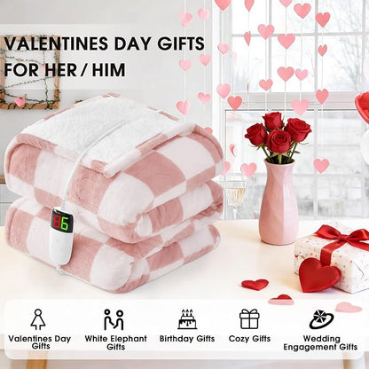 Light Pink Heated Blanket Electric Throw, 50X60 Heating Blanket with 10 Heat Levels & 8 Hours Auto Off for Lap, Checkered Plaid Soft Sherpa Blankets Warmer Gifts for Couch Grandma Women Adults