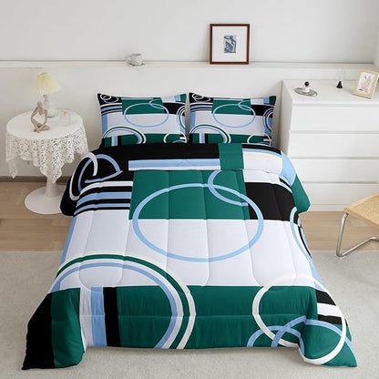 Modern Green Blue Full Comforter Set Circles Swirls Bedding Sets Room Decor Abstract Black White Square Duvet Insert Geometric Stripe Quilt Set Modern Creative Texture Art Down Comforter All Season