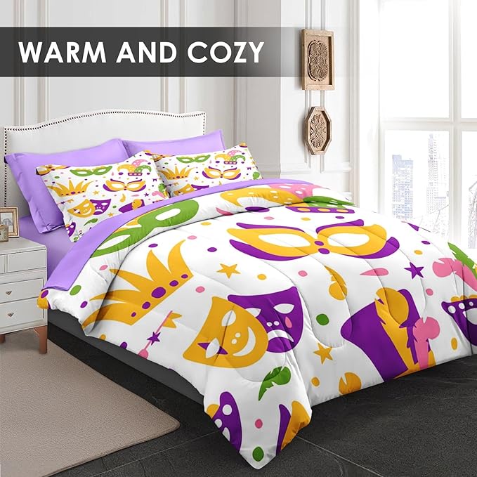 Comforter Set Full Size, Happy Purple Gold Mask 7 Pcs Bedding for Kids and Adults, Mardi Carnival Party Bed Sheet Sets with Fitted Sheet 2 Pillowcases & 2 Shams for Bedroom Bed Decor