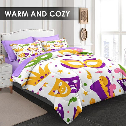 Comforter Set Full Size, Happy Purple Gold Mask 7 Pcs Bedding for Kids and Adults, Mardi Carnival Party Bed Sheet Sets with Fitted Sheet 2 Pillowcases & 2 Shams for Bedroom Bed Decor