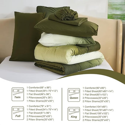 Dinjoy Ombre Comforter Set Twin Size, 5-Piece Bed in a Bag for Kid Teen, Pintuck Colorful Rainbow Bedding Sets with Comforter, Flat Sheet, Fitted Sheet and Pillowcases & Shams, Green