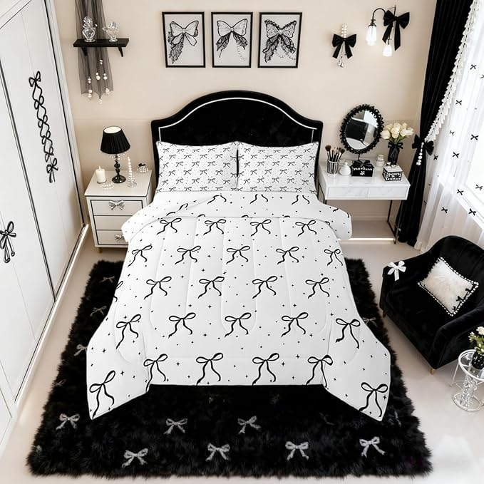 Erosebridal Black and White Bowknot King Size Comforter Set, Cartoon Bow Bedding Set for Kids Girls Women Bedroom, Dreamy Princess Down Comforter, Princess Galaxy Stars Quilt with 2 Pillow Cases