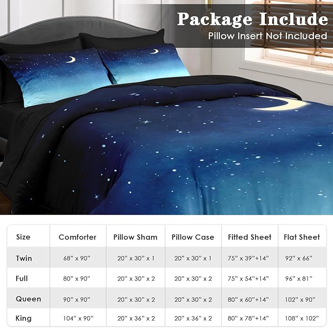 Comforter Set Twin Size, Blue Starry Sky 5 Pcs Bedding for Kids and Adults, Landscape Night Moon Bed Sheet Sets with Fitted Sheet Pillowcase & Sham for Bedroom Bed Decor