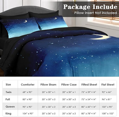 Comforter Set Twin Size, Blue Starry Sky 5 Pcs Bedding for Kids and Adults, Landscape Night Moon Bed Sheet Sets with Fitted Sheet Pillowcase & Sham for Bedroom Bed Decor