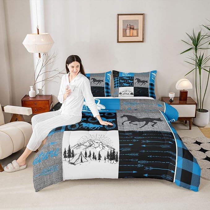 Erosebridal Horse Quilt for Teens, Western Cowboys Cowgirls Comforter Set Full, Vintage Riding Boots Farm Animal Bedding Set Rustic Southwestern Horseshoe Duvet Sets Cabin Lodge Room Decor, Blue