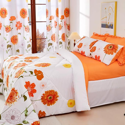 EVENHUG Queen Comforter Set 7 Pieces Reversible Queen Size Comforters for All Season Orange Sunflower Floral Bedding Sets Bed in a Bag with Flat Sheet and Fitted Sheet,Pillowcases & Shams (88"x88")