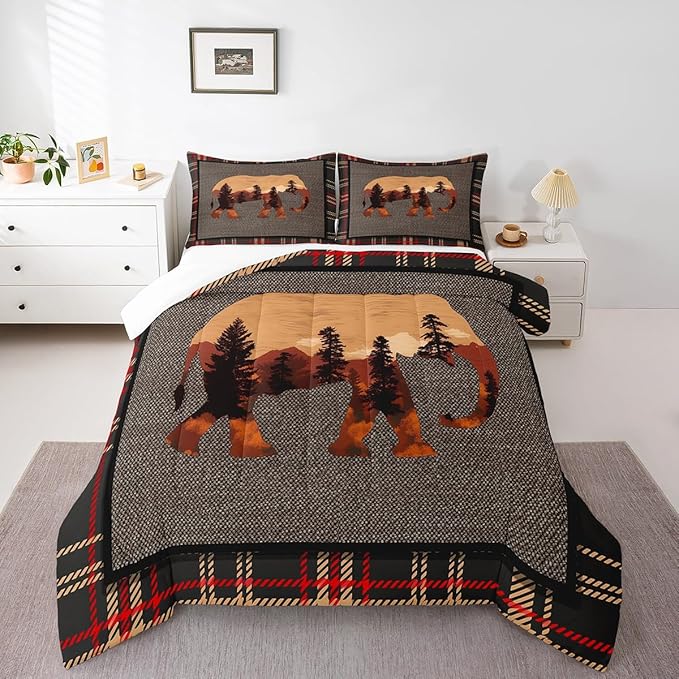 Erosebridal Elephant Comforter Set - Twin, Country Western Farmhouse Bedding Set for Teens, Kids, Boys & Girls - Nature Wild Animals Bedding - Orange Grey Plaid Checkered Down Comforter, 2Pcs