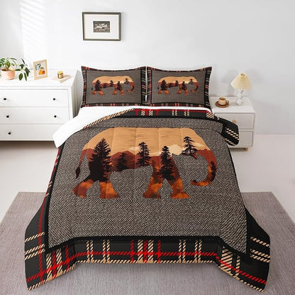 Erosebridal Elephant Comforter Set - Twin, Country Western Farmhouse Bedding Set for Teens, Kids, Boys & Girls - Nature Wild Animals Bedding - Orange Grey Plaid Checkered Down Comforter, 2Pcs