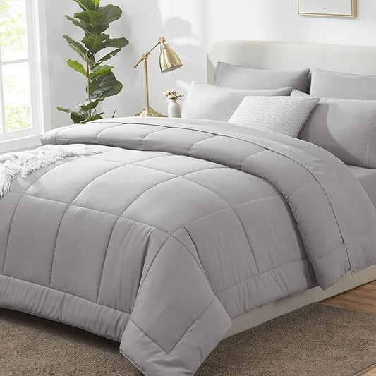 CozyLux Oversized King Comforter Sets French Grey, 7 Pieces Bed in a Bag, Ultra-Soft All Season Bedding Sets with Stitch Quilted Comforter, Flat Sheet, Fitted Sheet, Pillowcases, French Grey